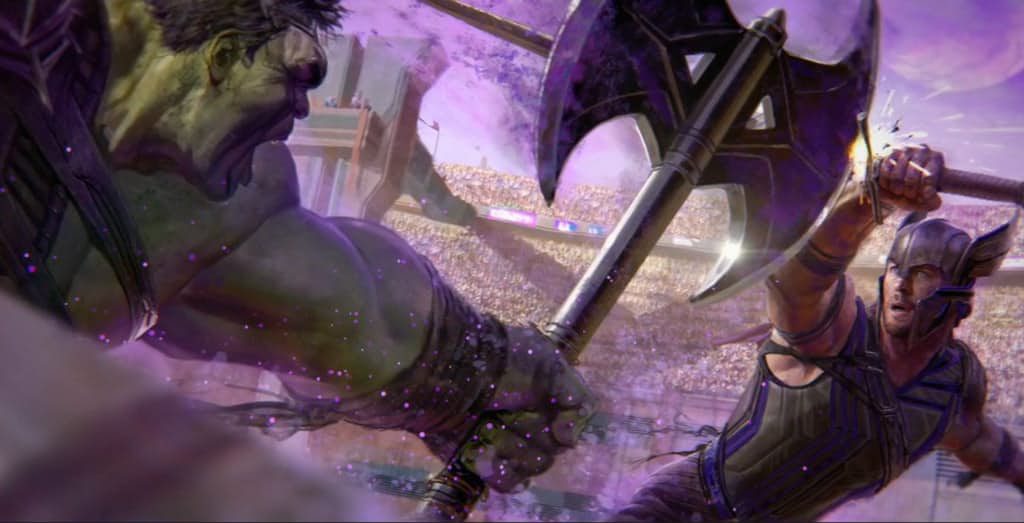 Thor enfrentando a Hulk en la arena de gladiadores