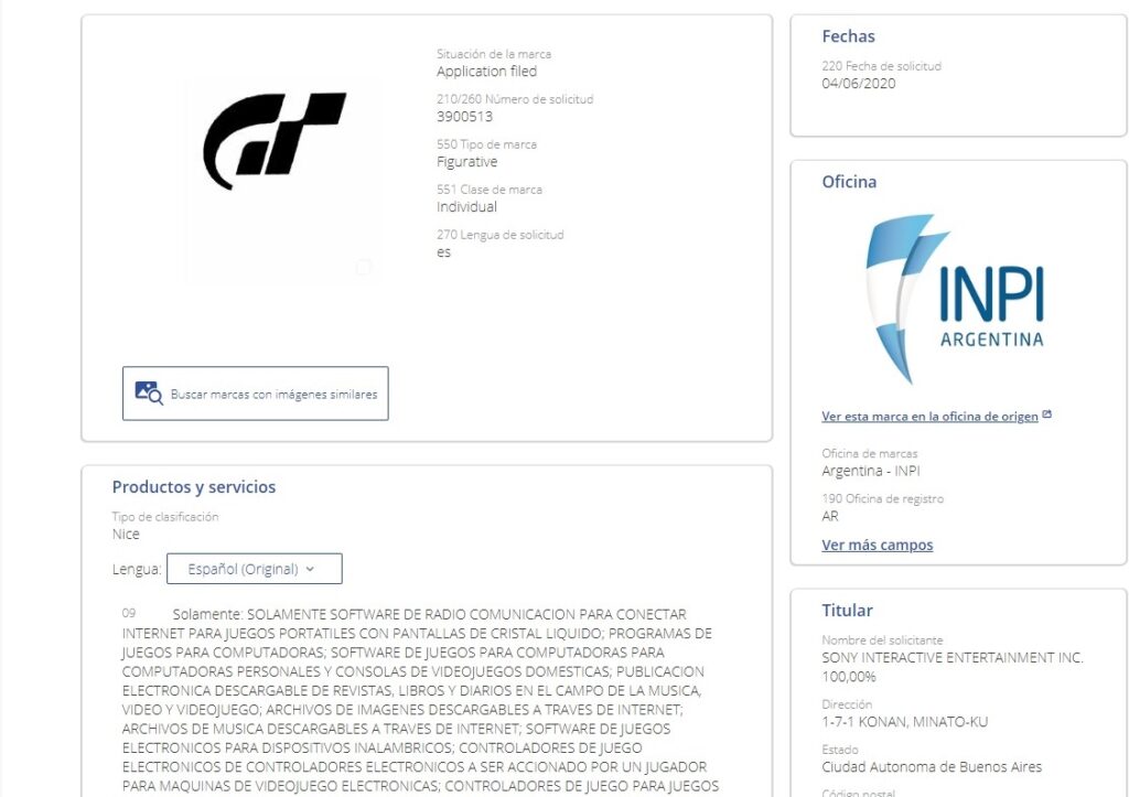 Gran Turismo registrado en Argentina
